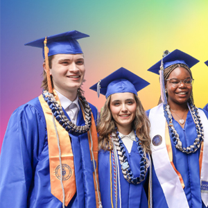Three students in graduation regalia in front of multi-colored background