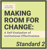 Black text over a yellow/green background that reads, 'In this report: Standard Two; Making Room For Change: A Self-Evaluation of Institutional Effectiveness; Standard 2'