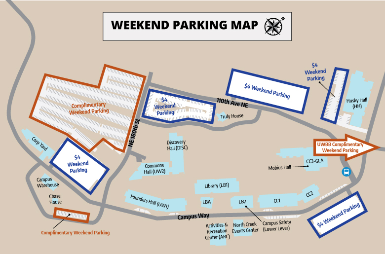 Cascadia College / UWB Weekend Parking Map Map of Cascadia College and University of Washington Bothell campus showing complimentary and $4 weekend parking areas