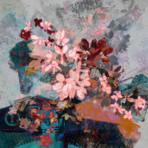 digital art by Stephanie Krimmel title, 'Street Blossoms'. Collage of urban photographs and illustrated flowers