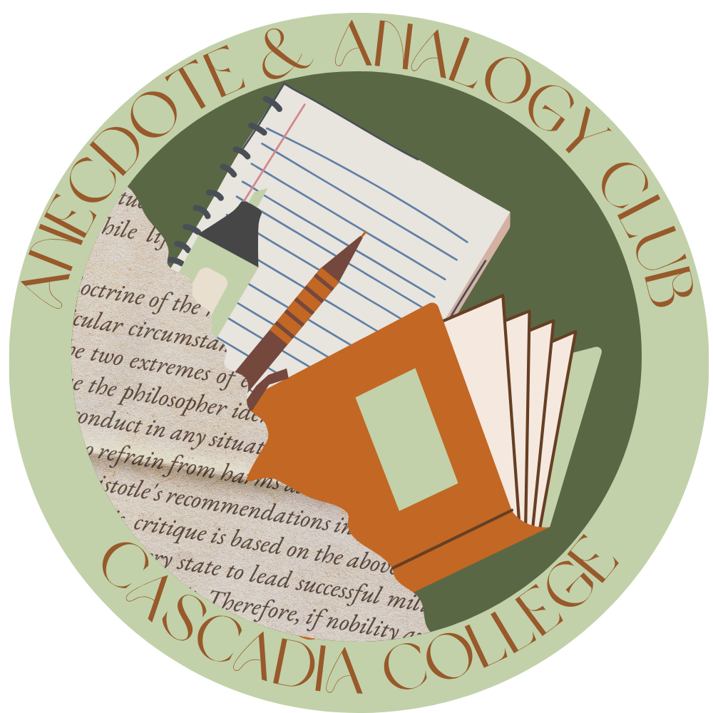 Anecdote and Analogy: Language and Literature Club logo - snippets of unreadable text on parchment in front of book, paper, fountain pen, and ballpoint pen illustrations in a badge and text, 'Anecdote & Analogy Club Cascadia College'