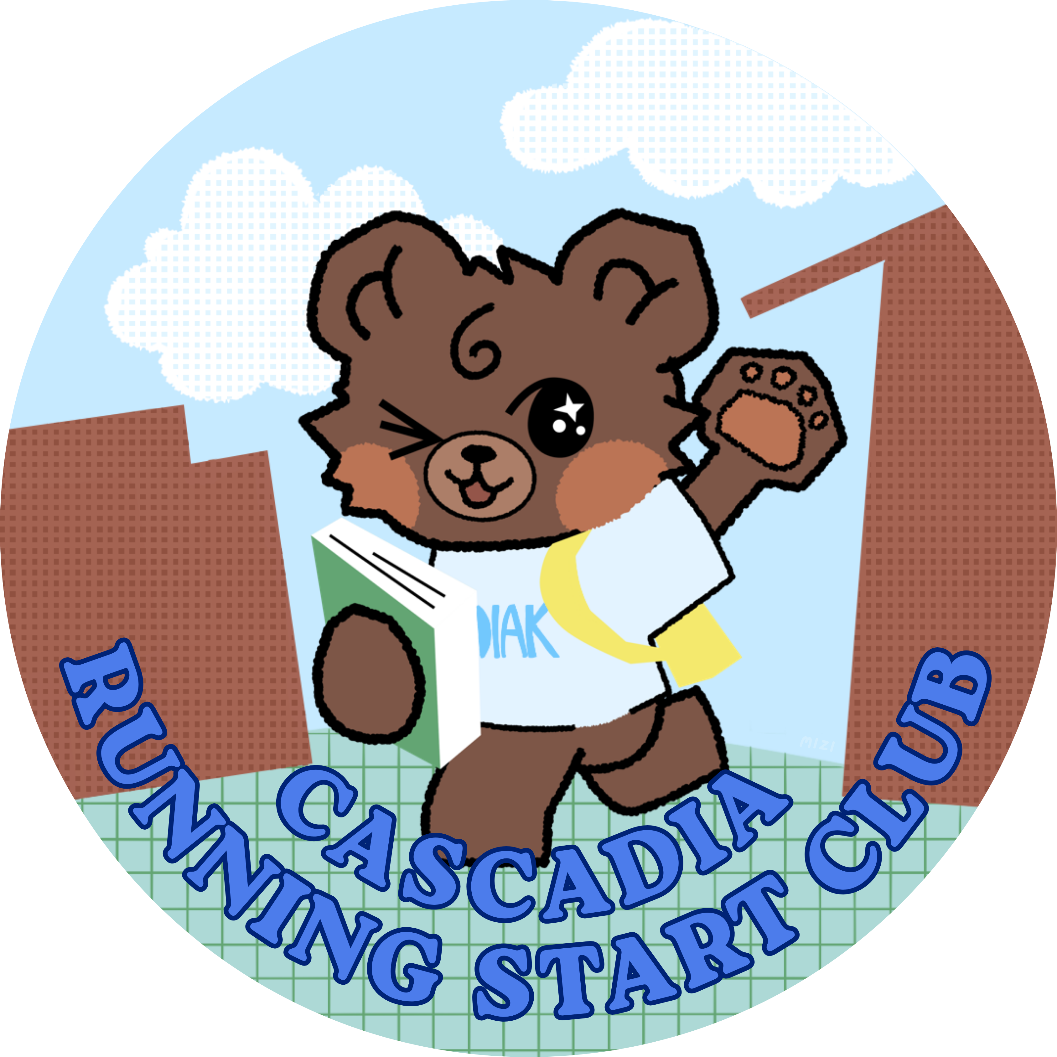 Running Start Club logo - pixal art of bear with t-shirt, book, and backpack running with text, 'Cascadia Running Start Club'