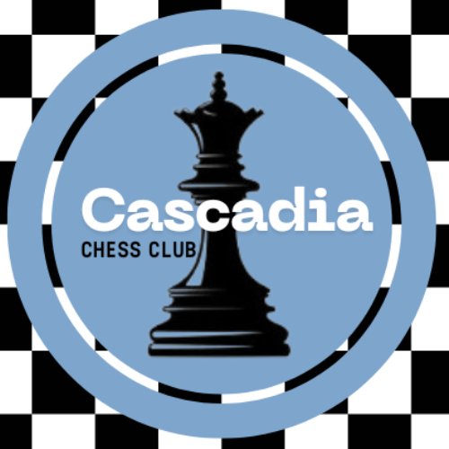 Cascadia Chess Club logo - chess piece in blue badge over chess board and text, 'Cascadia Chess Club'