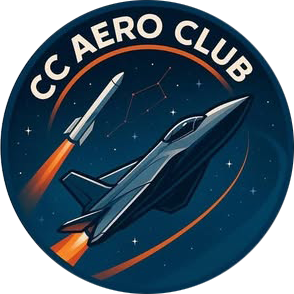 Areospace Club logo - space shuttle and rocket in front of dark blue space background with stars and text, 'CC Aero Club'