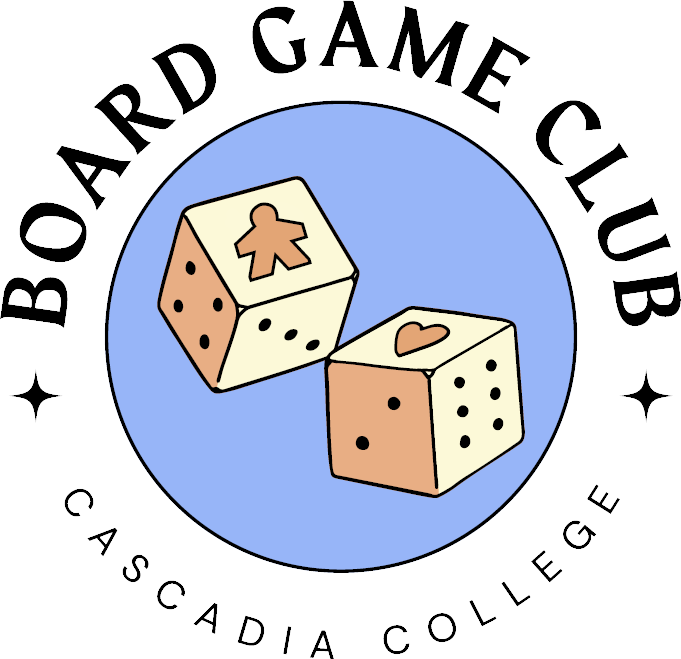 Board Game Club logo - two dice with pips and icons in a badge with text, 'Board Game Club; Cascadia College'