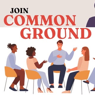 Common Ground Club logo - illustration of people sitting in chairs in a circle gesticulating with their hands and text, 'Join Common Ground'