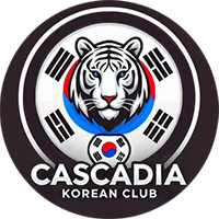 Korean Club logo - white tiger in front of a Korean flag background with text, 'Cascadia Korean Club'