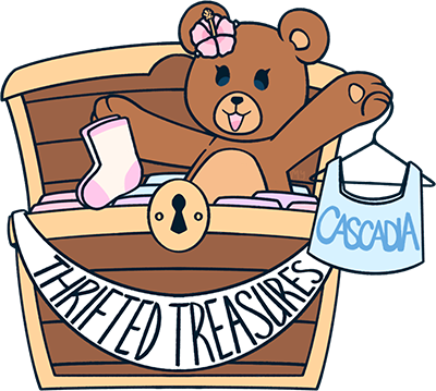 Thrifted Treasures Club logo - teddy bear popping out of a treasure chest holding socks and t-shirt saying 'Cascadia' and banner on the chest that says, 'Thrifted Treasures'