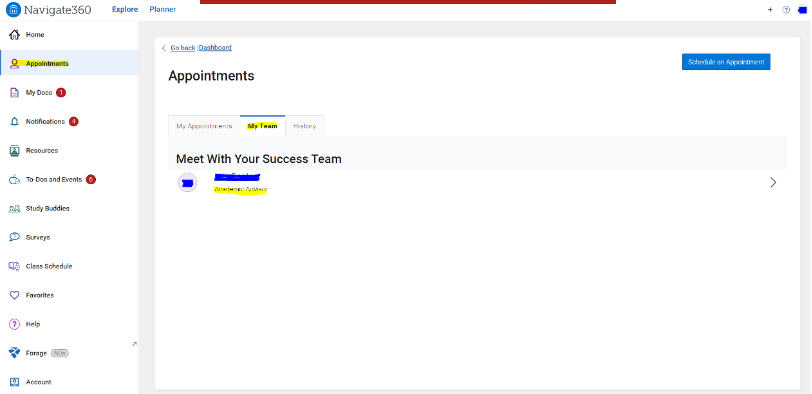 Screenshot of EAB Navigate Navigate360 Meet With Your Success Team screen.