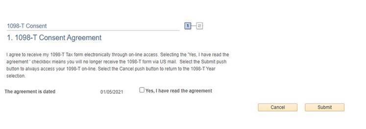 screen shot of 1098-T Consent Agreement of Student ctcLink