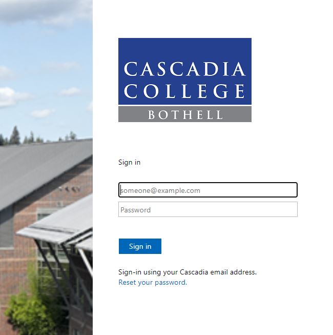 Cascadia STS page for authentication Screenshot of Cascadia's login page with focus on Sign In feature