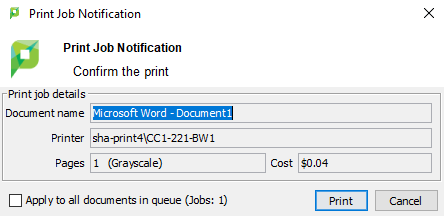 PaperCut Print Job Notification screenshot of PaperCut Print Job Notification
