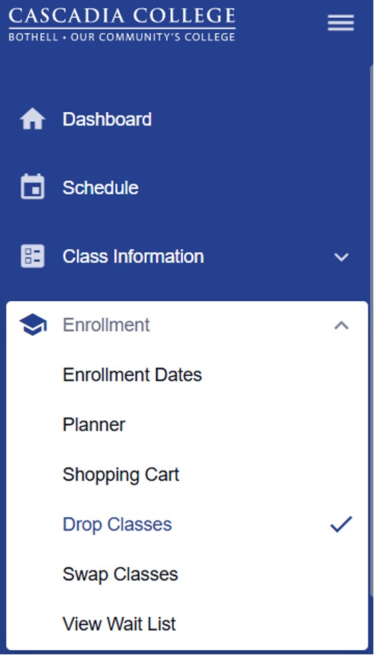 Screenshot of ctcLink Student Portal navigation menu with Enrollment expanded and Drop Classes selected.