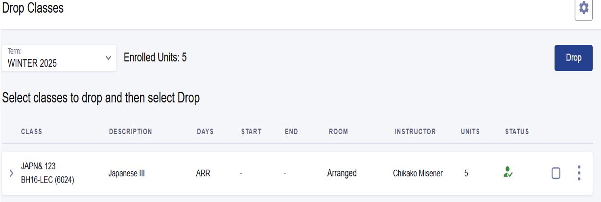Screenshot of Drop Classes screen.