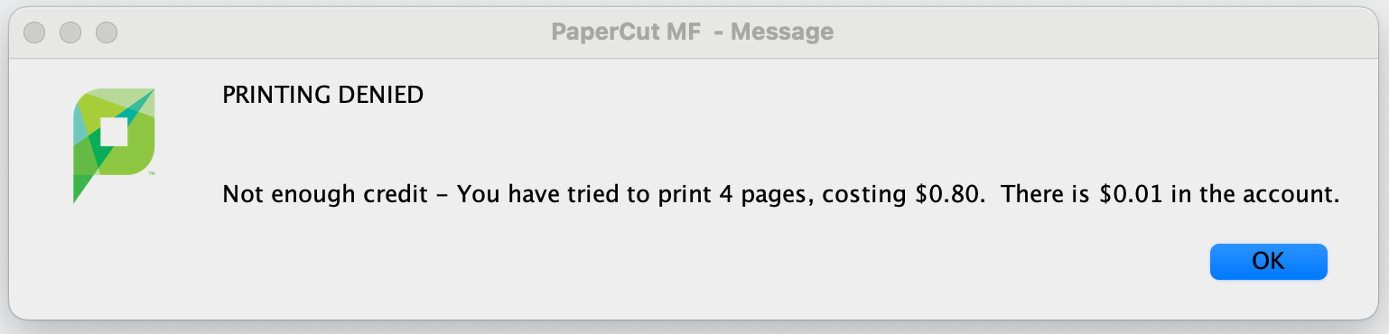 Student Print Insufficient Funds Pop-up screenshot of Cannot Print! Pop-up