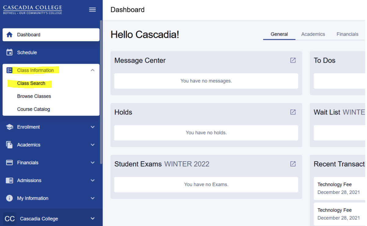Screenshot of ctcLink Dashboard with Class Information and Class Search highlighed