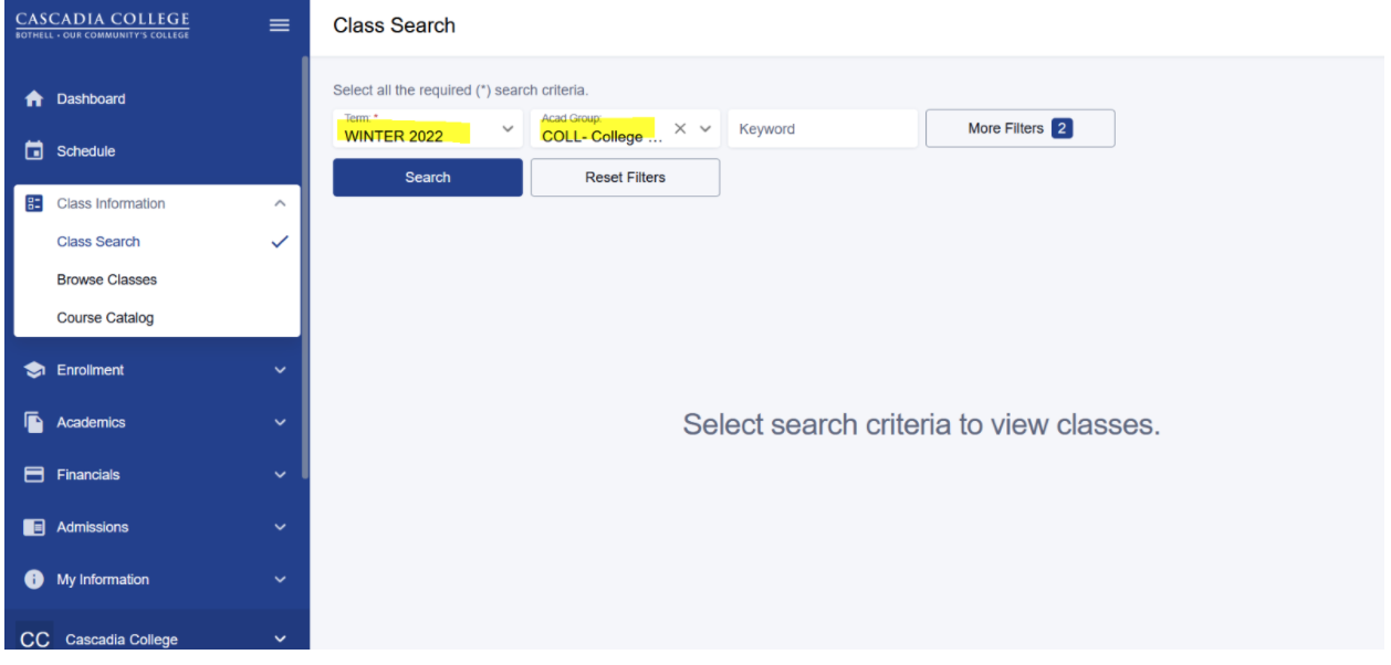 Screenshot highlighting Selecting Term button Screenshot of ctcLink Class Search page with Term and Academic Group highlighted