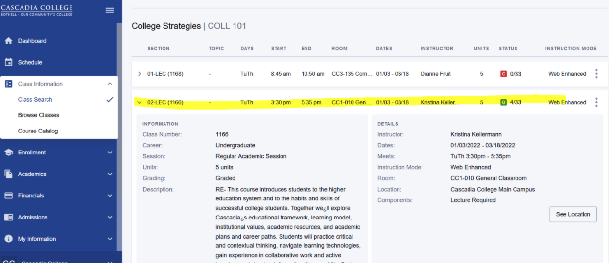Selecting Section Screenshot of ctcLink Class Search page with a class selected and a section expanded