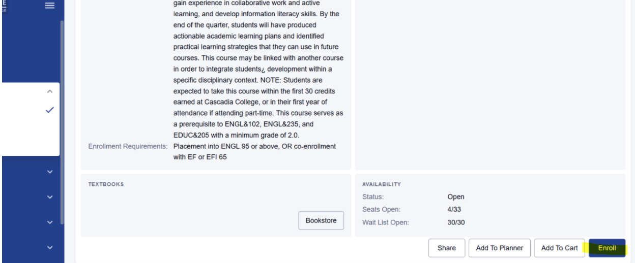 Enroll Button Screenshot of ctcLink Class Search page with a class selected, a section expanded, and Enroll button highlighted