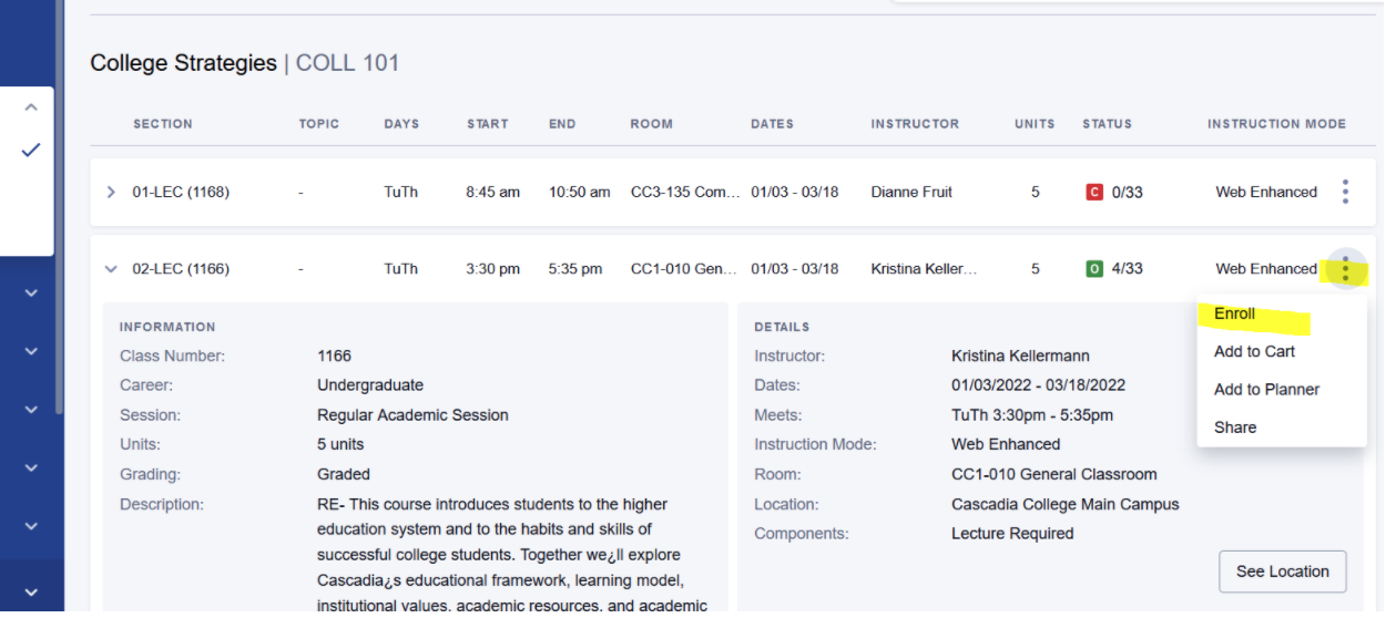 Enroll Screenshot of ctcLink Class Search page with a class selected, a section expanded, ellipsis menu expanded and Enroll highlighted