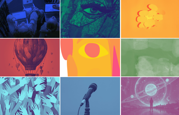 Colorful collage background of hands, microphone, eyes, science equipment, and patterns with cheering icons.