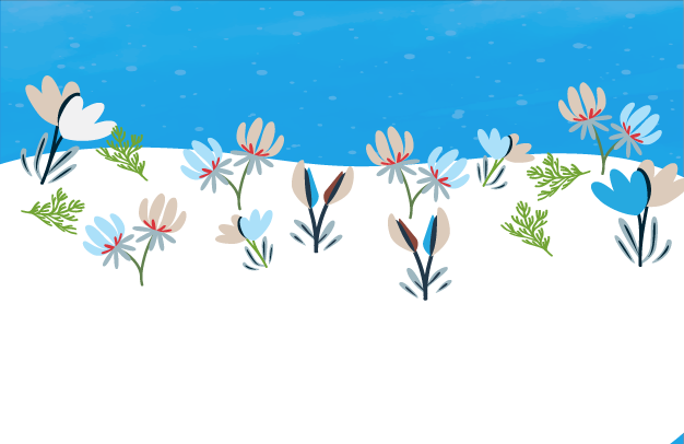 Snow white and blue background with flowers blooming