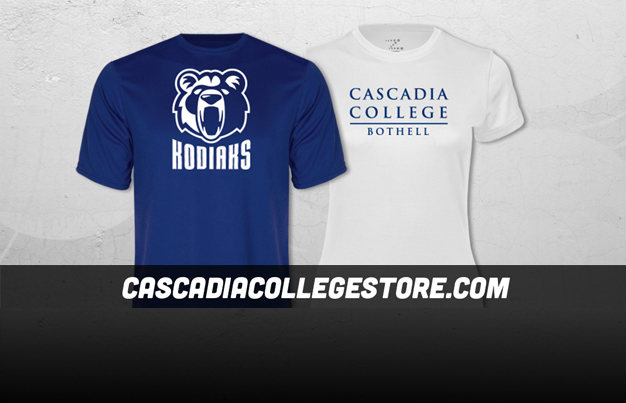 blue and white t-shirts with Cascadia logos in front of white background and text, 'Cascadia College Store dot com'