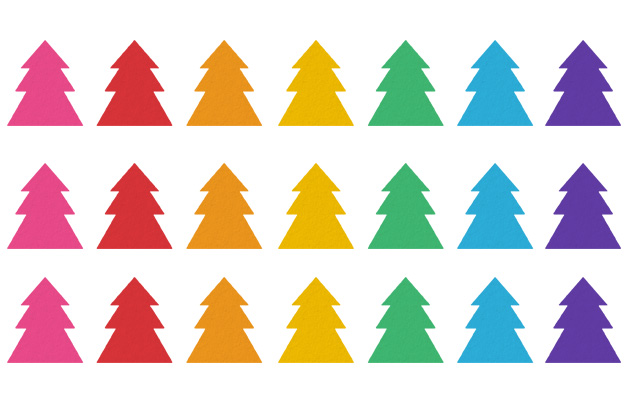 repeating pattern illustration of 7 trees that are each a different color of the rainbow